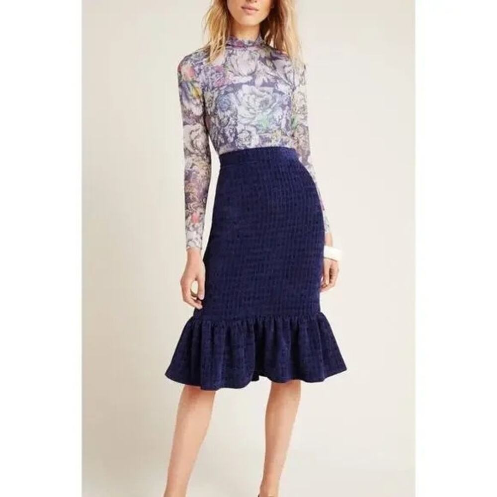 MAEVE by Anthropolgie Nell Flounced Navy Blue Midi Skirt Women's Size Large NWT - Picture 1 of 10